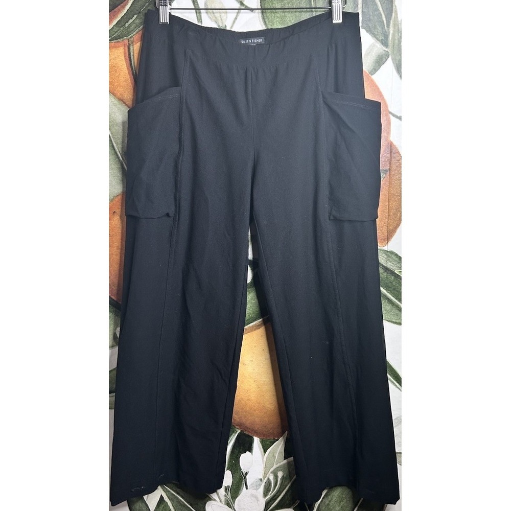 Eileen‎ Fisher Small Wide Leg Cropped Pants Side Pockets Crepe Viscose Black